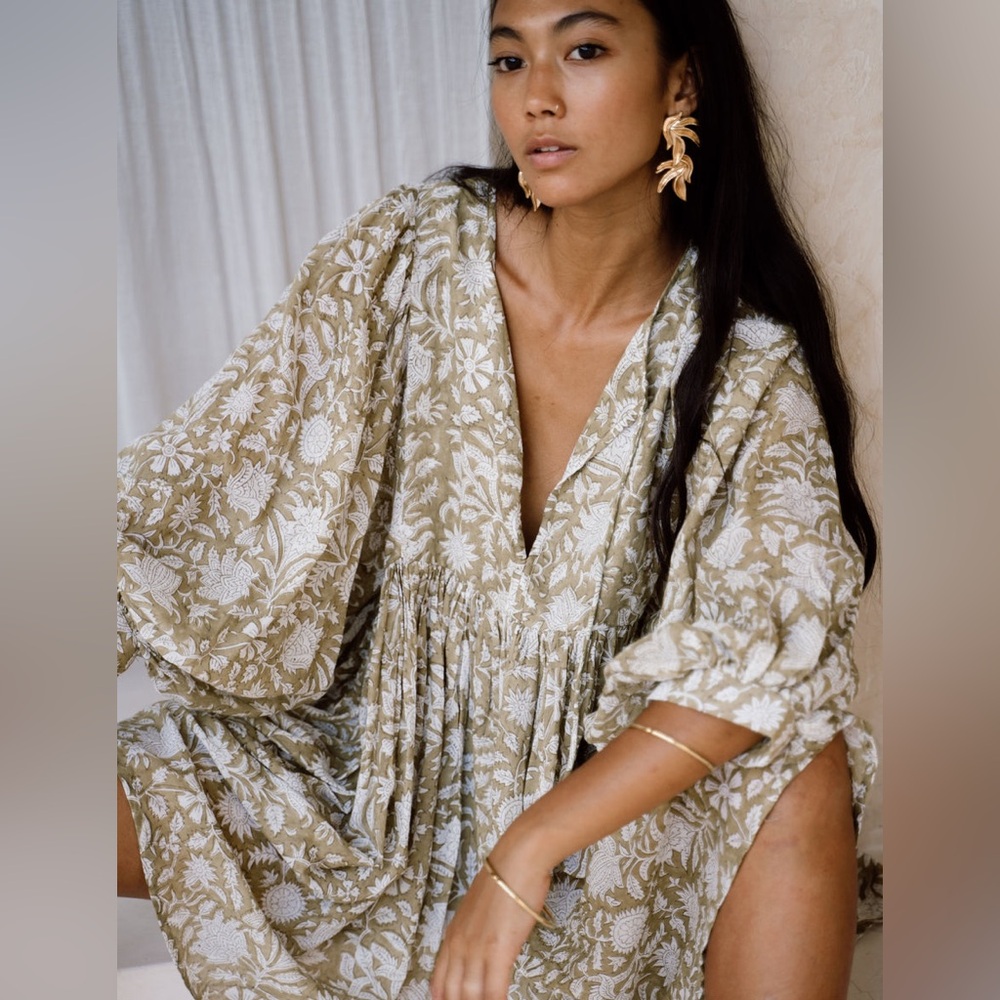 Daughters of India Olive Green and White Floral Mini Dress
